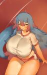 animal_humanoid big_breasts blue_hair blush blush_lines bottomwear breasts clothing female hair hi_res huge_breasts humanoid looking_at_viewer multicolored_hair open_mouth orange_eyes pincerpencil red_hair scalie scalie_humanoid shirt shorts solo tail thick_thighs topwear unknown_character 