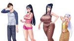  1boy 3girls :d armlet armpit_hair armpits arms_behind_head bare_shoulders black_hair blue_eyes blunt_bangs blush breasts brown_hair bulge covering covering_breasts denim hair_bun hand_on_own_hip highres jeans jewelry kmvt large_breasts long_hair looking_at_viewer mature_female midriff mole mole_under_eye multiple_girls navel original pants parted_lips ponytail purple_eyes ring shorts simple_background single_hair_bun sleeveless smile sweatdrop sweater tank_top wedding_ring white_background white_hair 