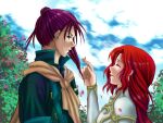  1boy 1girl ^_^ armor breastplate closed_eyes cloud fire_emblem fire_emblem:_path_of_radiance height_difference hetero holy_pledge long_hair looking_at_viewer lowres outdoors petals pointing ponytail purple_hair red_hair shinon_(fire_emblem) smile titania_(fire_emblem) tree 