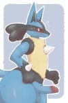  absurd_res anthro balls biped black_body black_fur blue_body blue_fur blush bodily_fluids border censored erection fur generation_4_pokemon genitals hi_res lucario male mosaic_censorship nintendo penis pokemon pokemon_(species) red_eyes shiryujack08 side_view solo sweat tan_body tan_fur white_border 