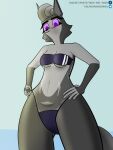  2023 5_fingers anthro big_breasts black_nose breasts canid canine canis clothed clothing digital_drawing_(artwork) digital_media_(artwork) eyebrows feet female fingers grey_body grey_tail gris_swimsuit hair hi_res legwear mammal meme meme_clothing multicolored_body navel one-piece_swimsuit purple_eyes ray_(female) ray_raud sex simple_background smile solo swimwear tail text thick_thighs thigh_highs thigh_sex translucent translucent_clothing translucent_swimwear two_tone_body url white_body wolf 