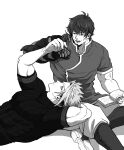  2boys achilles_(fate) bara book boots cheekbones closed_mouth facial_hair fate/grand_order fate_(series) goatee haruto_(hit23ewluvnpfo6) hector_(fate) highres holding_another&#039;s_hair large_pectorals looking_at_another male_focus monochrome multiple_boys muscular muscular_male open_book pants pectorals shirt short_sleeves simple_background sitting teeth white_shirt 