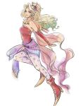  1girl blonde_hair blue_eyes breasts cape dress earrings final_fantasy final_fantasy_vi full_body hair_ornament highres jewelry leg_up looking_up medium_breasts pantyhose papermint_tea ponytail red_footwear simple_background smile solo strapless strapless_dress terra_branford white_background white_pantyhose 