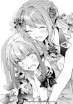  2girls :d ^_^ ascot blunt_bangs blush bow bowtie braid buttons closed_eyes collared_shirt dutch_angle flower flower_request frilled_sleeves frills fuji_fujino gem gloves hair_bow hair_bun hair_flower hair_ornament highres hug logo long_hair long_sleeves magia_record:_mahou_shoujo_madoka_magica_gaiden magical_girl mahou_shoujo_madoka_magica monochrome multiple_girls official_art ponytail rose sanpaku school_uniform shirt short_sleeves side_braid side_braids sidelocks smile soul_gem surprised sweater_vest swept_bangs takarazaki_school_uniform tamaki_iroha twin_braids wide-eyed yakumo_mitama 