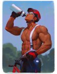  1boy abs bara bicycle blue_sky bottle collarbone cowboy_shot drinking fingerless_gloves gloves helmet male_focus mocucumo muscular muscular_male navel nipples original outdoors pectorals red_gloves red_headwear signature sky solo sunglasses suspenders tan water_bottle 