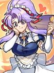  1girl alternate_costume apron artist_name betabetamaru chewing fire_emblem fire_emblem:_genealogy_of_the_holy_war fire_emblem_heroes food hand_on_own_face heart highres holding holding_food looking_at_viewer maid maid_apron maid_headdress official_alternate_costume purple_eyes purple_hair spoken_heart tailtiu_(fire_emblem) tailtiu_(tea_party)_(fire_emblem) wafer 