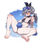  1girl arm_support barefoot bikini black_bikini blush boxing_gloves breasts collarbone difman drill_ponytail drooling feet goggles goggles_on_head grey_eyes grey_hair hair_between_eyes highres honkai:_star_rail honkai_(series) knee_up legs long_hair looking_at_viewer medium_breasts navel open_mouth silver_wolf_(honkai:_star_rail) soles solo sweat swimsuit toenails toes 