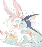  animal_focus artist_name blue_eyes blue_flower blush blush_stickers bow bowtie closed_eyes commentary_request flower full_body hair_bow hair_flower hair_ornament highres no_humans open_mouth petals pink_bow pink_bowtie pink_flower pokemon pokemon_(creature) red_flower ribbon signature simple_background sitting sylveon twitter_username u_u vaporeon white_background white_ribbon zen_(koko) 