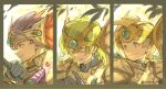  3boys armor blonde_hair blue_bodysuit blue_eyes blue_gemstone blue_gloves blue_hair bodysuit child circlet closed_eyes closed_mouth commentary_request dappled_sunlight dragon_quest dragon_quest_iv dragon_quest_v dragon_quest_vi earrings from_side gem gloves green_hair headpiece hero&#039;s_son_(dq5) hero_(dq4) hero_(dq6) highres holding holding_sword holding_weapon jewelry light_blush looking_to_the_side low_ponytail male_focus multiple_boys outdoors parted_lips profile shoulder_armor smile spiked_hair sunlight sword turtleneck twitter_username upper_body wakana_0125 weapon 