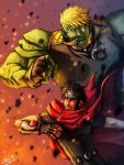  2boys alien black_hair blonde_hair cloak colored_skin cris_art debris embers forehead_protector frown green_scales green_skin hulkling light_particles male_focus marvel multiple_boys muscular muscular_male red_cloak serious short_hair sleeveless superhero thick_eyebrows upper_body wiccan 