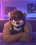  ai_generated anthro bear beard blue_eyes blurred_background blush clothing crossed_arms eyewear facial_hair glasses invalid_tag lying male mammal on_front shaggy_hair shirt slightly_chubby smile smiling_at_viewer solo tank_top topwear 