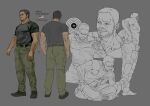  1boy abs adjusting_clothes aiming back belt black_belt black_footwear black_shirt character_name chris_redfield coffeebrownn english_text green_pants gun headphones highres holding holding_gun holding_weapon indian_style large_pectorals male_focus multiple_views muscular muscular_male navel nipples pants pectorals resident_evil resident_evil_village shirt sitting smile weapon 