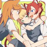  3girls animal_ear_fluff arm_around_neck arm_around_waist blonde_hair blue_dress blue_eyes blush border cat_girl cat_tail closed_mouth coldcat. collared_shirt dot_nose dress eye_contact face-to-face green_eyes hair_between_eyes hair_bun heanna_sumire highres kemonomimi_mode long_bangs long_hair looking_at_another looking_at_viewer love_live! love_live!_superstar!! multiple_girls nose_blush open_mouth orange_hair outside_border pinafore_dress purple_eyes raised_eyebrows red_hair school_uniform shibuya_kanon shirt short_sleeves sidelocks single_side_bun sleeveless sleeveless_dress slit_pupils sweatdrop tail upper_body wavy_mouth white_border white_shirt yellow_background yoneme_mei yuri 