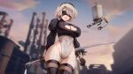  1girl absurdres black_blindfold black_dress black_gloves black_hairband blindfold breasts clothing_cutout dress foxyreine gloves hairband highres holding holding_sword holding_weapon leotard long_sleeves mole mole_under_mouth nier:automata nier_(series) puffy_sleeves short_hair solo sword thighhighs weapon white_hair yorha_no._2_type_b 