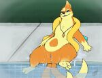  2_tails anus benji_(artist) blue_eyes female floatzel front_view fur generation_4_pokemon genitals grass hi_res jewelry leaning leaning_back multi_tail necklace nintendo orange_body orange_fur plant pokemon pokemon_(species) pussy semi-anthro solo swimming_pool tail tan_body tan_fur water wet 