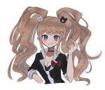 1girl bear_hair_ornament black_eyes black_shirt blonde_hair blue_eyes blush bow breasts cleavage collarbone cropped_torso danganronpa:_trigger_happy_havoc danganronpa_(series) enoshima_junko grey_necktie grin hair_ornament large_breasts long_hair looking_at_viewer mikomi_(90m5x) nail_polish necktie red_bow red_nails shirt simple_background skirt sleeves_rolled_up smile solo swept_bangs teeth twintails white_background 