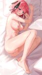  1girl absurdres barefoot bed_sheet black_ribbon blue_eyes blunt_bangs blush breasts butterfly_hair_ornament censored commentary completely_nude from_above full_body go-toubun_no_hanayome hair_ornament hair_ribbon head_on_pillow highres large_breasts legs looking_at_viewer lying mosaic_censoring nail_polish nakano_nino navel nipples nude on_side open_mouth pink_hair pussy raikun_raikun ribbon short_hair solo toenail_polish toenails toes two_side_up 