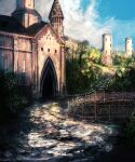 absurdres blue_sky building castle cloud day fence fort grass highres iron_fence mitsuaki_takeuchi no_humans original outdoors scenery sky stairs 