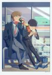  2boys black_hair blonde_hair coat drinking eating full_body highres kageyama_shigeo male_focus mob_psycho_100 multiple_boys necktie open_clothes open_coat outdoors reigen_arataka school_uniform sima_sea sitting 