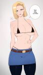  1girl android_18 asymmetrical_bangs bangs belt bikini bikini_under_clothes black_bikini black_pantyhose blonde_hair blue_eyes blue_skirt breasts brown_belt cleavage commentary cowboy_shot denim denim_skirt dragon_ball dragon_ball_z ear_piercing earrings english_commentary english_text expressionless gradient_background grey_background hand_on_hip head_tilt heart jewelry kisou_(kisou00) large_breasts looking_at_viewer micro_bikini miniskirt navel paid_reward_available pantyhose parted_bangs parted_lips pencil_skirt piercing short_hair simple_background skindentation skirt solo speech_bubble spoken_heart standing stomach straight_hair string_bikini swimsuit 