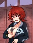  1girl arezu_(pokemon) between_breasts breasts commentary_request highres jacket korean_commentary large_breasts looking_at_viewer mixed-language_commentary open_clothes open_jacket pokemon pokemon_legends:_arceus red_eyes red_hair short_hair smile solo uncolorcube 