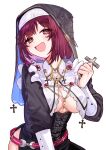  1girl :d atelier_(series) atelier_sophie black_dress blush catholic cleavage_cutout clothing_cutout cross dark_red_hair dress eyes_visible_through_hair frilled_dress frills highres looking_at_viewer medium_hair nun open_mouth red_eyes ryuuno6 simple_background smile solo sophie_neuenmuller 