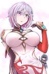  2girls absurdres breasts china_dress chinese_clothes chinese_commentary commentary_request cosplay dress elbow_gloves fei_luo_mao fu_hua fu_hua_(herrscher_of_sentience) fu_hua_(phoenix) fu_hua_(phoenix)_(cosplay) gloves grey_hair grin halterneck highres honkai:_star_rail honkai_(series) honkai_impact_3rd large_breasts looking_at_hand multicolored_hair multiple_girls open_mouth purple_eyes red_hair round_eyewear sleeveless sleeveless_dress smile streaked_hair sunglasses thumbs_up topaz_(honkai:_star_rail) two-tone_hair upper_body white_hair 
