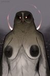  absurd_res angry_face anthro areola avian band1tnsfw big_areola big_breasts bird breasts cloudy_sky dark_nipples digital_media_(artwork) feathers female female_anthro glowing glowing_eyes grey_body grey_feathers hi_res looking_at_viewer outside owl portrait red_eyes red_ring sagging_breasts slim smoke solo vampire 