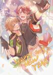  2boys ;d absurdres arm_around_shoulder arm_up bangs belt black_gloves black_jacket black_shirt blue_eyes blurry blurry_background blush brown_eyes brown_hair chain collarbone collared_jacket commentary_request confetti cropped_jacket ensemble_stars! fingerless_gloves gloves green_jacket hair_between_eyes happy_new_year highres jacket jewelry lapels leg_up light_brown_hair looking_at_viewer male_focus morisawa_chiaki multicolored_clothes multicolored_jacket multiple_boys necklace one_eye_closed open_clothes open_jacket open_mouth pants parted_bangs red_jacket round_teeth shirt short_hair short_sleeves smile standing standing_on_one_leg star_(symbol) takamine_midori tassel teeth upper_teeth_only white_belt white_pants xiongmao_tou 