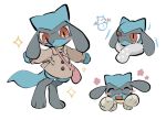  1boy :d :o animal_ears bag blush_stickers closed_eyes fangs furry furry_male long_sleeves mittens multiple_views open_mouth pokemon pokemon_(creature) red_eyes riolu scarf simple_background smile standing tail white_background yumeminoideyu2 