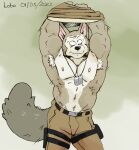  2023 abs anthro armpit_hair barazoku belt biceps big_muscles body_hair bottomwear canid canine canis clothed clothing crimenes dated dog_tags fur green_background huge_muscles kemono legband male mammal manly military_uniform muscular muscular_anthro muscular_male navel nipples obliques pants pecs raised_clothing raised_shirt raised_topwear serratus shirt simple_background solo standing thighband topless topless_anthro topless_male topwear tuft uniform wolf 