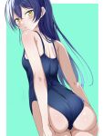  1girl ass back blue_hair blue_one-piece_swimsuit blush borgbutler breasts from_behind green_background highres long_hair looking_at_viewer looking_back love_live! medium_breasts one-piece_swimsuit school_swimsuit simple_background solo sonoda_umi swimsuit thighs yellow_eyes 