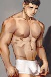  1boy abs bara bulge cowboy_shot gentle2nd large_pectorals looking_at_viewer male_focus male_underwear muscular muscular_male navel navel_hair nipples original pectorals short_hair sideburns solo stomach thick_eyebrows thick_thighs thighs topless_male undercut underwear white_male_underwear 