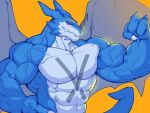  abs anthro bandai_namco biceps blue_body bust_portrait digimon digimon_(species) digmon exveemon flexing grin hi_res horn male mixterart muscular muscular_anthro muscular_male pecs portrait red_eyes smile solo vein veiny_muscles wings 