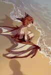  1boy beach black_horns brown_eyes brown_hair brown_scales brown_wings child dragon_boy dragon_horns dragon_wings fang full_body horns looking_at_viewer looking_back low_wings male_focus male_swimwear monster_boy mullmull02 multiple_horns open_mouth original outdoors pointy_ears sand scales shadow shore short_hair skin_fang slit_pupils solo spines squatting swim_trunks topless_male water wings 
