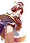  1girl absurdres bare_legs benienma_(fate) bird_hat brown_kimono fate/grand_order fate_(series) feather_trim from_below highres japanese_clothes kimono looking_at_viewer low_ponytail ohitsu red_eyes red_hair redauto shamoji simple_background sketch smile solo thighs white_background 