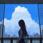  1girl absurdres bird black_hair black_skirt building cloud contrail ddini fence grey_vest highres long_hair original pleated_skirt school_uniform shirt skirt sky sky_focus vest white_shirt 