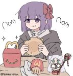  1girl aged_down artist_name black_coat bow burger character_doll coat dress eating fern_(sousou_no_frieren) figure food french_fries frieren hair_bow holding holding_food mcdonald&#039;s purple_hair red_bow short_hair simple_background sitting solo sound_effects sousou_no_frieren twitter_username white_background white_dress yunayuispink 