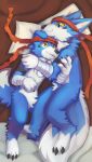  absurd_res anthro arm_tuft blue_body blue_ears blue_eyes blue_fur blue_tail canid cheek_tuft chest_tuft closed_smile connor_(battouga-sharingan) crotch_tuft duo elbow_tuft facial_tuft floppy_ears fur glistening glistening_eyes hi_res kuttoyaki lying male mammal mouth_closed nude on_side tail tuft white_body white_fur white_inner_ear white_tail yellow_eyes yellow_sclera 