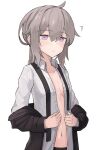  absurdres ahoge buttons exhausted gamryous girls&#039;_frontline green_eyes highres jacket m200_(girls&#039;_frontline) navel ponytail removing_jacket shirt unbuttoned unbuttoned_shirt white_shirt 