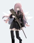  1girl absurdres arknights black_dress black_footwear boots cross-laced_clothes cross-laced_footwear dress energy_wings enne_kl grey_background gun halo highres holding holding_gun holding_weapon lace-up_boots lemuen_(arknights) long_hair long_sleeves looking_at_viewer parted_lips pink_eyes pink_hair rifle simple_background sniper_rifle solo thigh_boots trigger_discipline very_long_hair weapon zettai_ryouiki 