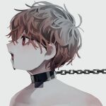  1boy blood blood_from_mouth brown_hair chain chain_leash facing_to_the_side highres leash looking_to_the_side male_focus open_mouth original portrait red_eyes simple_background solo topless_male uzmaki_tamago white_background 