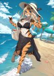  anthro beach big_breasts bikini breasts cleavage clothed clothing etivka felid female hair hat headgear headwear hi_res looking_at_viewer mammal pantherine sarong seaside solo stripes swimwear tiger towel_around_waist 