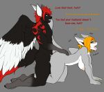  absurd_res all_fours alodiel_lamni_(custom_ink) anthro anthro_on_anthro black_sclera breasts canid canine canis cheating_wife dialogue doggystyle duo english_text female fish from_behind_position fur hair hand_on_butt hi_res infidelity male male/female male_penetrating mammal marine nude open_mouth orange_hair penetration red_hair sex shark simple_background skapu tattoo text tongue tongue_out wings wolf xion_archaeus 
