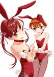  2girls :d animal_ears bad_anatomy bare_shoulders blush brown_eyes brown_hair brown_pantyhose choker embarrassed fake_animal_ears flat_chest hair_ribbon leotard mocha_(snowflake) multiple_girls onodera_asahi orange_hair pantyhose period pink_ribbon playboy_bunny rabbit_ears rabbit_tail red_choker red_eyes red_leotard ribbon short_hair simple_background smile standing tail twintails white_background wrist_cuffs yazuki_miyu 