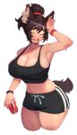  1girl animal_ears black_shorts black_sports_bra breasts brown_hair can closed_eyes dog_ears dog_girl dog_tail hairband haru_feng highres holding holding_can large_breasts original short_hair shorts smartwatch soda_can sports_bra sportswear sweat sweatdrop tail thick_thighs thighs watch white_background wristwatch 