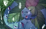  absurdres animal_focus bright_pupils bulbasaur claws evolutionary_line fangs highres looking_at_another no_humans open_mouth outdoors plant pokemon pokemon_(creature) rain red_eyes riding ripples taking_shelter tamago_sando venusaur water_drop white_pupils 
