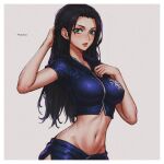  1girl absurdres ai-assisted aqua_eyes black_hair blue_eyes blue_shorts breasts commentary english_commentary eyelashes highres large_breasts long_hair looking_at_viewer midriff navel nico_robin one_piece prixmal shorts signature simple_background solo standing 