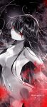  1girl black_hair blood censored completely_nude fate/grand_order fate_(series) greyscale hair_between_eyes hi_(wshw5728) highres long_hair looking_at_viewer monochrome navel no_nipples nude oda_nobunaga_(fate) red_eyes solo twitter_username very_long_hair 