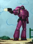  1boy absurdres adeptus_astartes armor armored_boots black_mask blood bolter boots breastplate circle cloud cloud_print corpse firing full_armor gauntlets greaves green_jumpsuit gun highres holding holding_gun holding_weapon hood jumpsuit kim_chan mask parody pauldrons pink_armor pink_hood power_armor purity_seal shoulder_armor soldier_(squid_game) square squid_game triangle warhammer_40k weapon 